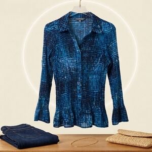 ​Addition Elle 16 Blouse Blue Sheer Plissé Flared Sleeve Plus Boho Abstract
